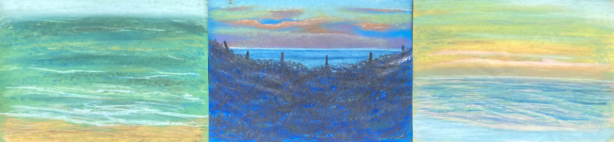 Drieluik Domburg (De Manteling), 2004 - gemengde techniek op gekleurd papier, 21 x 29.5 cm (x3)