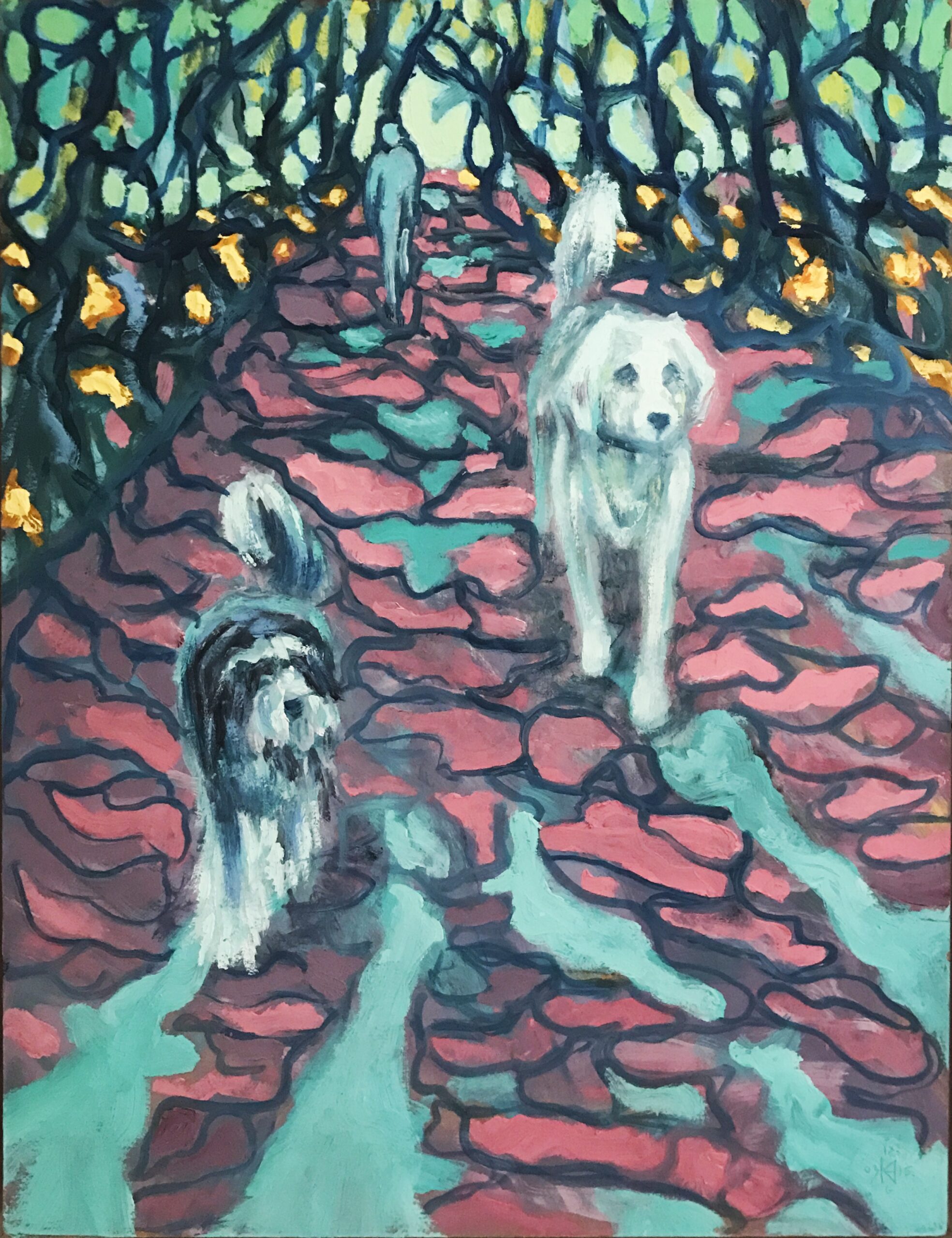 Francie met Robbie en Maya, 2003 - olieverf op paneel, 40 x 30 cm, particuliere collectie