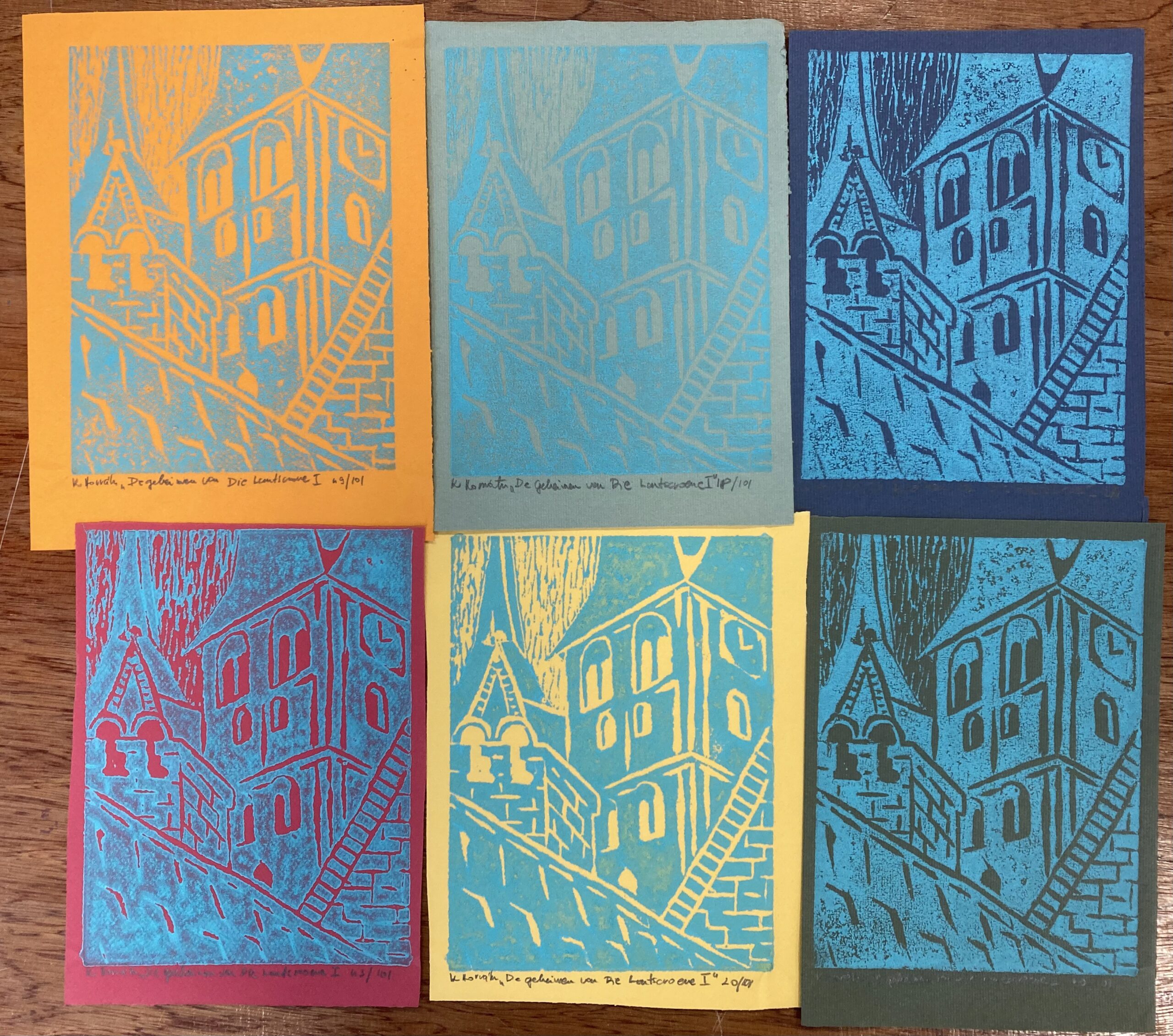 Geheimen van Die Lantscroene I, ca. 2009 - houtsnede, olieverf, 20 x 14.5 cm per stuk