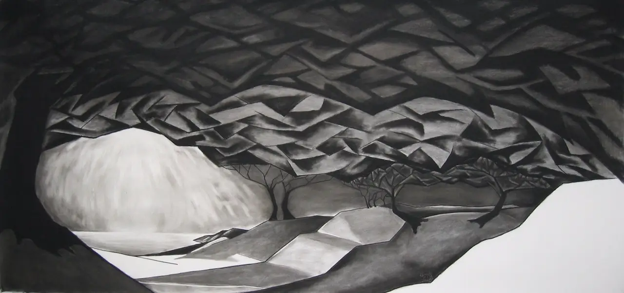 Impressie VIII (De Manteling), 2013, houtskool op papier, 91x188 - A