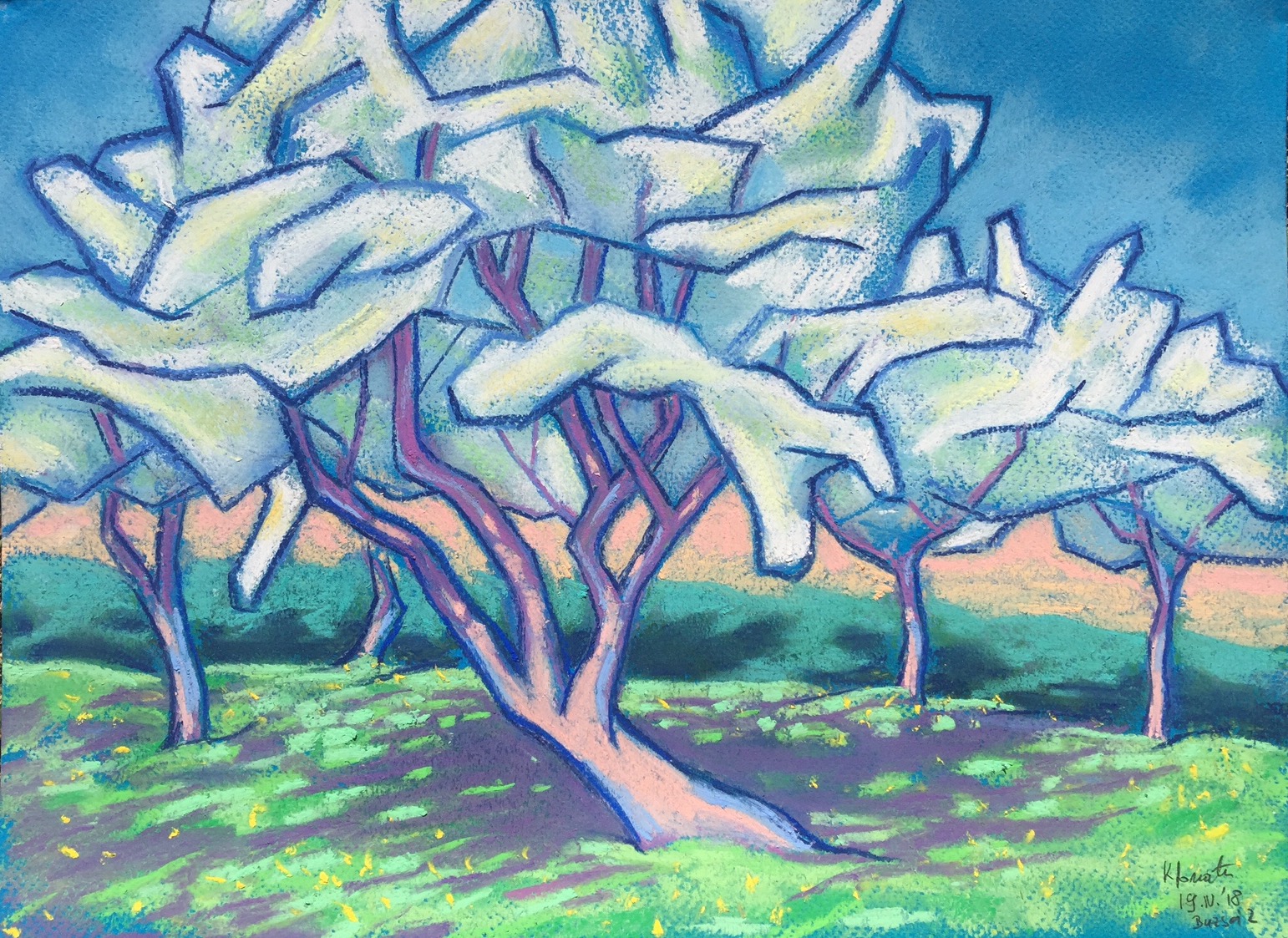 Morellenboom in Buszák I,2018 - pastel, Oost-Indische inkt op papier.