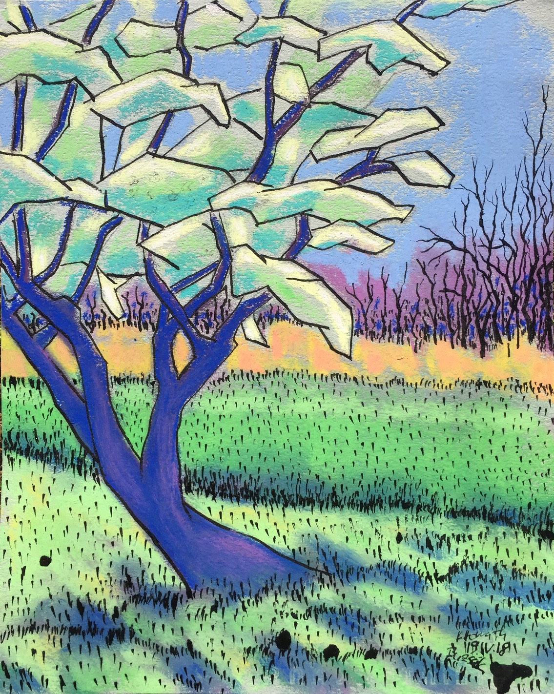 Morellenboom in Buszák II, 2018 - pastel, Oost-Indische inkt op papier.