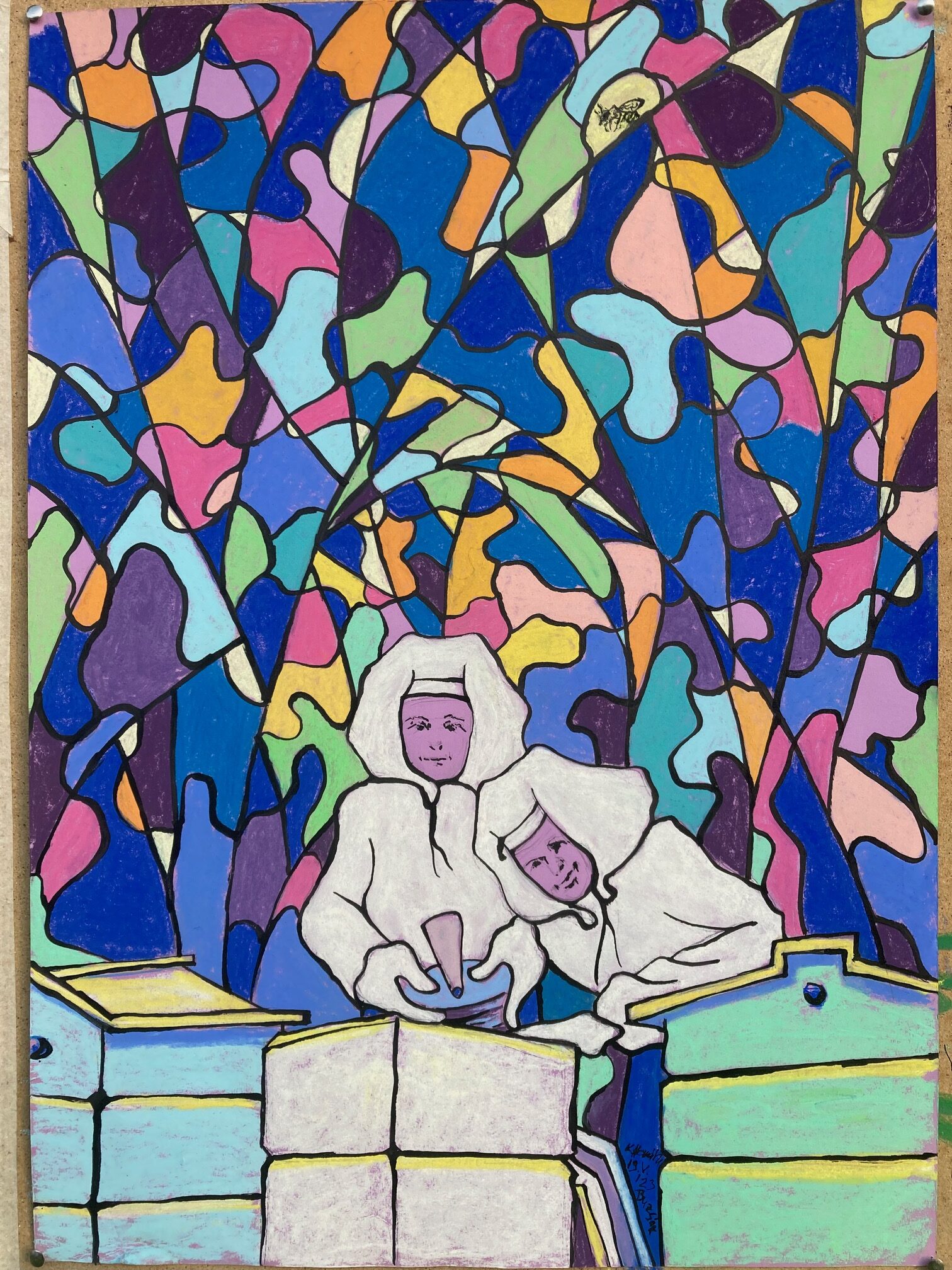 Jacoba en Marie met hun bijen, 2023 - pastel en Oost-Indische inkt op papier, 70 x 40 cm, particuliere collectie